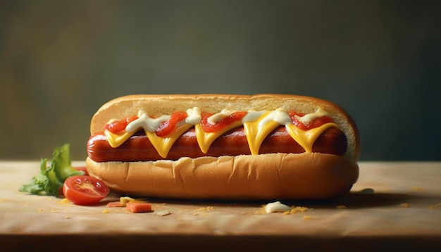 Grilled hot dog on bun topped with ketchup and onion generated by artificial intelligence