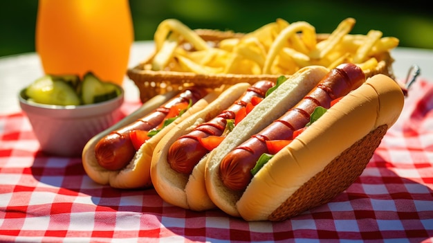 Жареные хот-доги с горчичным кетчупом и лакомствами на столе для пикника