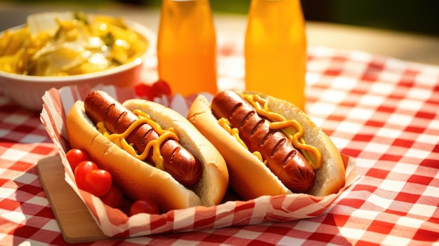 Free photo grilled hot dogs with mustard ketchup and relish on a picnic table