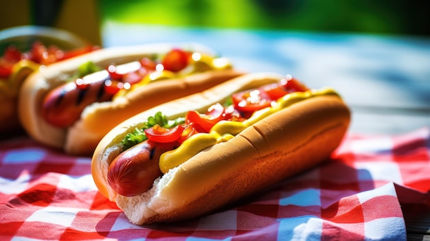 Grilled hot dogs with mustard ketchup and relish on a picnic table