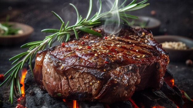 Grilled juicy steak cooking in fire created with Generative AI technology