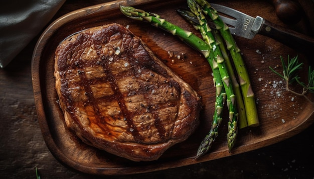 Foto gratuita carne alla griglia e asparagi su piatto rustico generato da ai