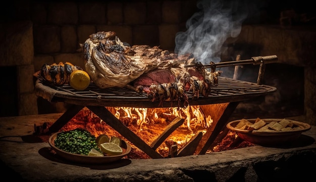 Grilled meat on firewood table perfect summer lunch generative AI