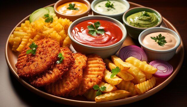 Free photo grilled meat fries and salad create a savory lunch generated by artificial intelligence