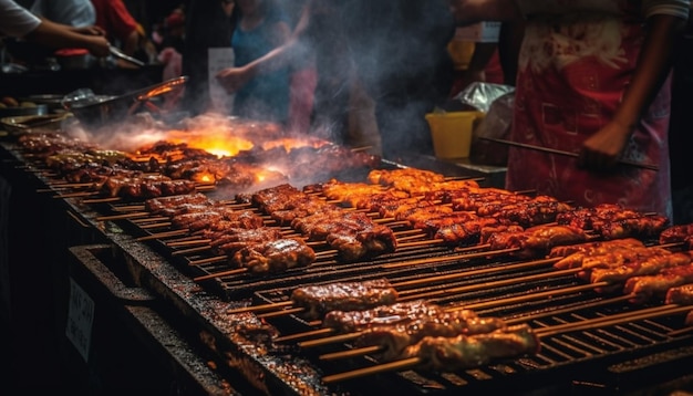 Grilled meat on metal plate glowing flame generated by AI