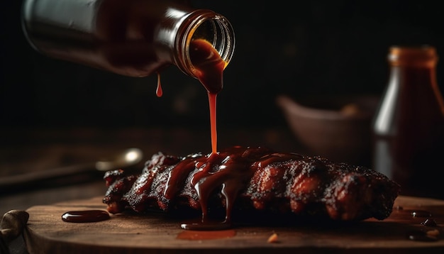 Foto gratuita carne alla griglia su tavola di legno rustica cucinata alla perfezione generata da ai