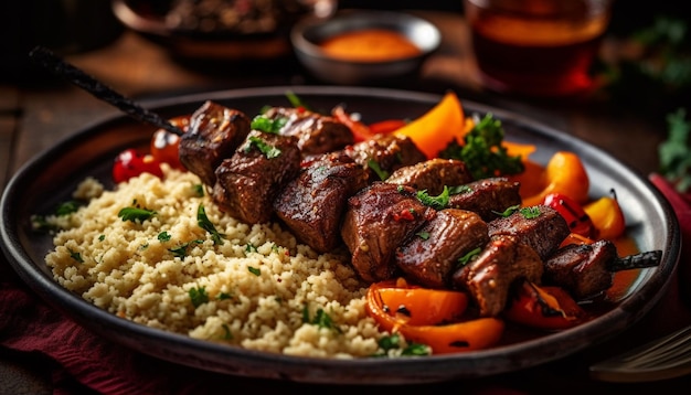 Grilled meat skewers with fresh vegetables and spices generated by AI