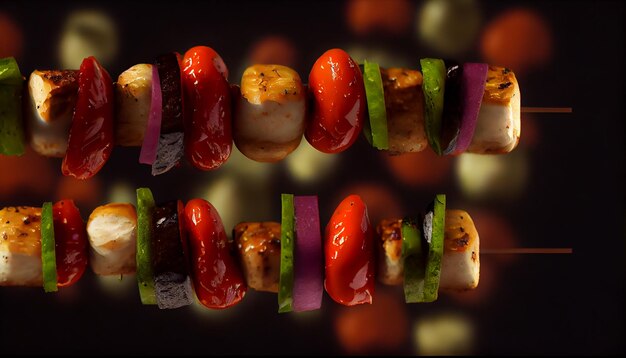 Grilled meat skewers with vegetables and tomato generative AI