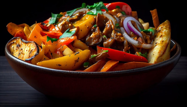 Grilled meat and veggies on wooden plate generated by AI