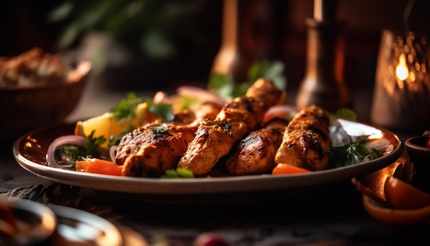 Grilled meats and veggies on rustic crockery generated by AI