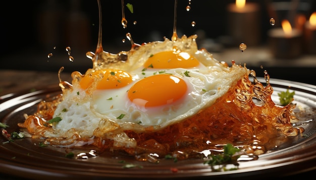 무료 사진 인공지능에 의해 생성된 접시에 긴 돼지고기, 긴 계란, 신선한 채소