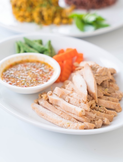 grilled pork and vegetable with spicy sauce