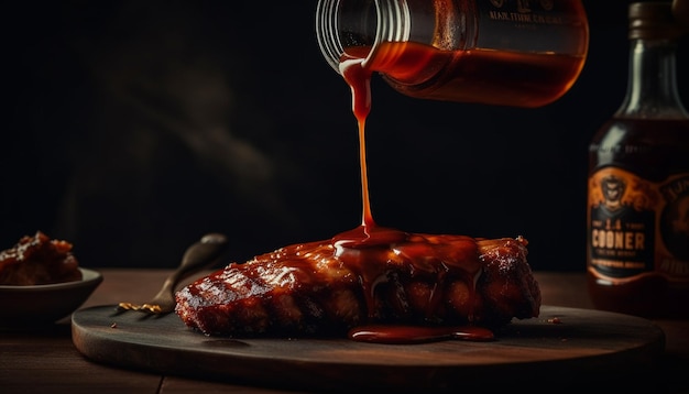 Free photo grilled pork with savory sauce on wood generated by ai