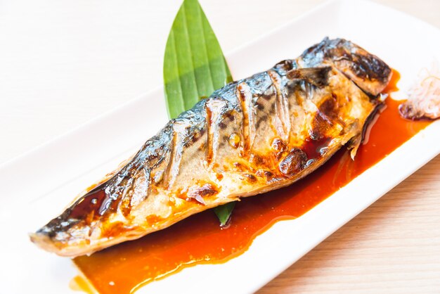 Grilled saba fish with sweet sauce on top