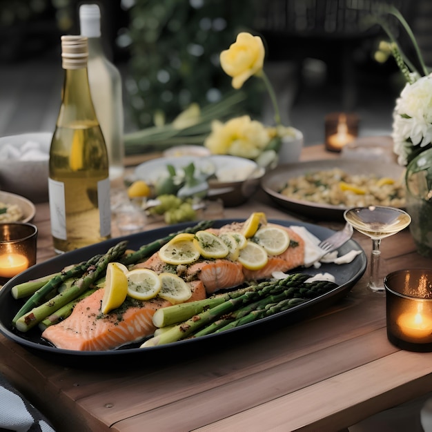 Foto gratuita salmone alla griglia con asparagi e limone su un piatto