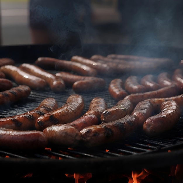 Grilled sausages on a barbecue grill Close up