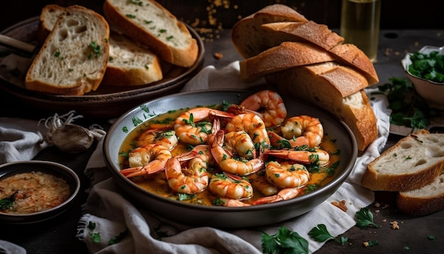 Foto gratuita antipasto di ciabatta di pesce alla griglia con prezzemolo e pomodoro generato da ai