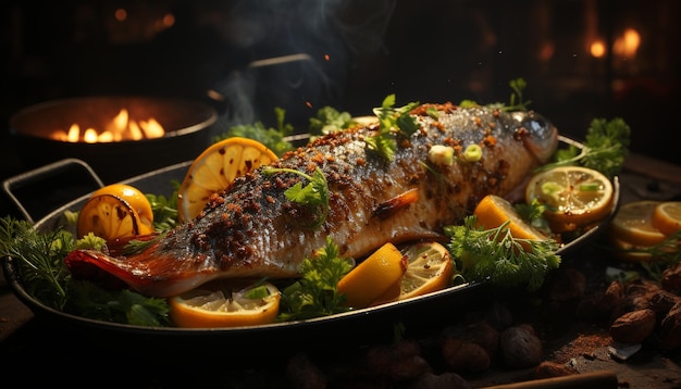 Free photo grilled seafood meal with freshness lemon and gourmet flavor generated by artificial intelligence