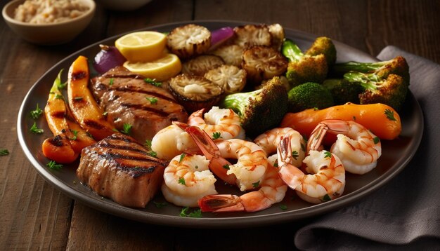Grilled seafood and meat on rustic plate generated by AI