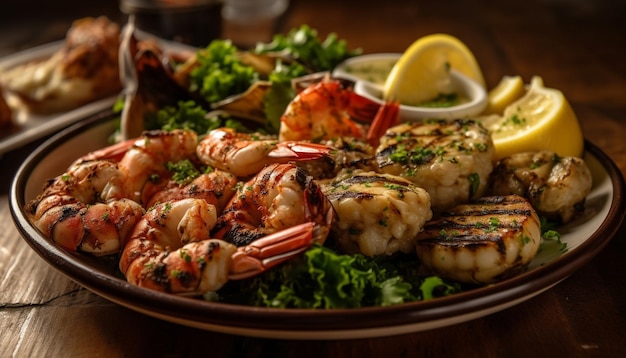 Free photo grilled seafood plate with prawns and lemon generated by ai