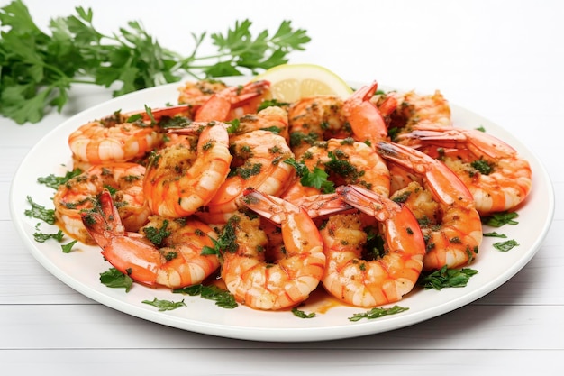 Grilled shrimp with chopped parsley on white plate and white surface