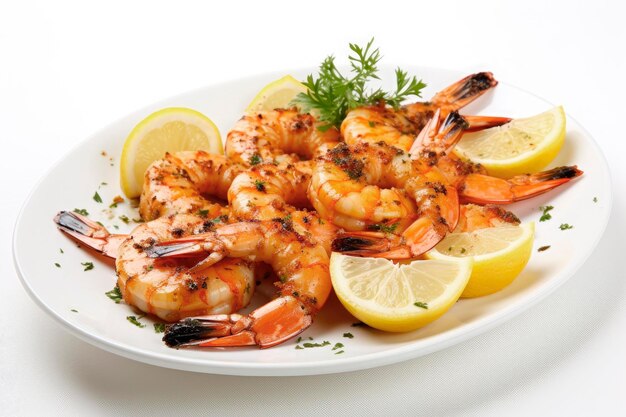 grilled shrimp with chopped parsley on white plate and white surface