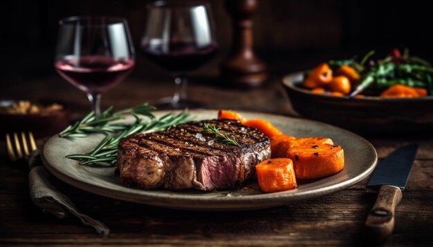 Grilled sirloin steak cooked rare on plate generated by AI