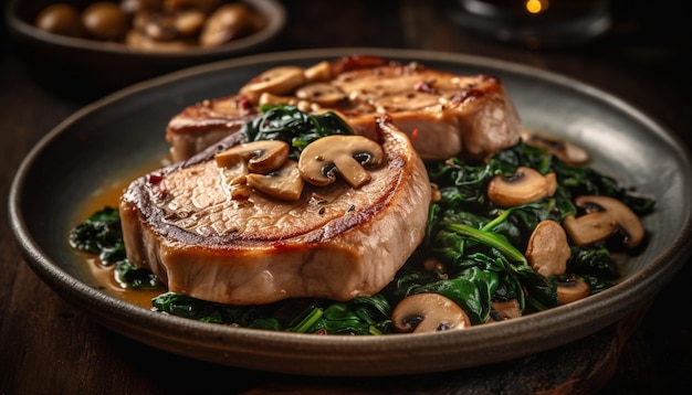 Free photo grilled sirloin steak with edible mushroom slice generated by ai