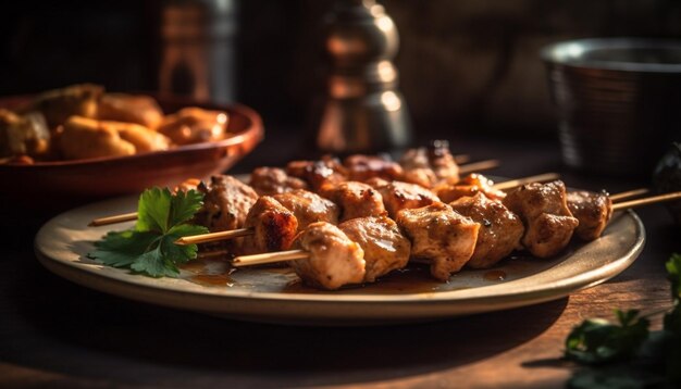 Grilled skewered meat on rustic wooden table generated by AI