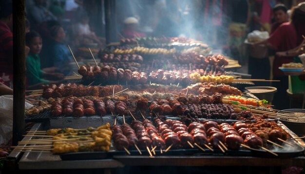 Grilled skewers of meat seafood and vegetables generated by AI