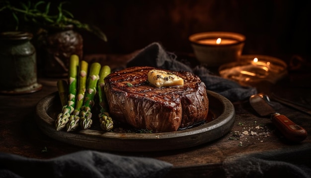 Foto gratuita filetto di bistecca alla griglia con asparagi e salsa generata da ai