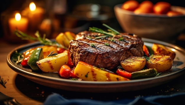 Grilled steak fresh vegetables and natural flame create gourmet meal generated by artificial intelligence