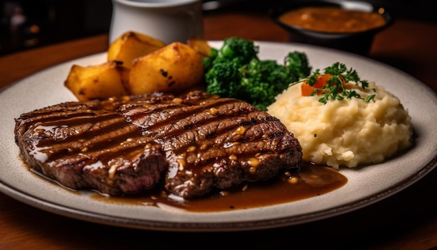 Free photo grilled steak mashed potatoes and fresh vegetables on rustic plate generated by artificial intelligence