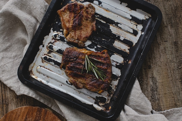 Grilled steak on pan