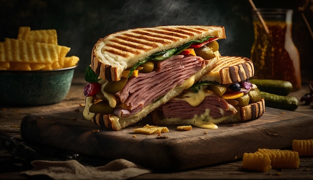 Grilled steak sandwich with melted cheddar and fries generative AI