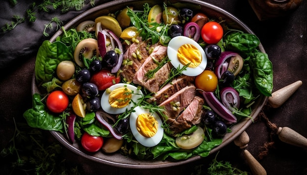 Foto gratuita bistecca alla griglia e insalata di verdure su piatto di ciabatta generato da ai