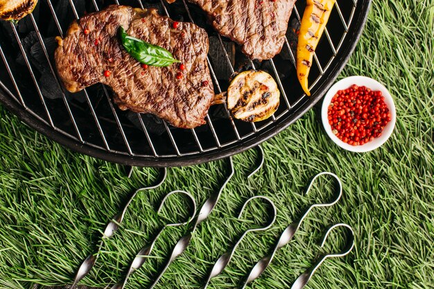 Grilled steak and vegetable with metallic skewer on barbecue grill over green grass background
