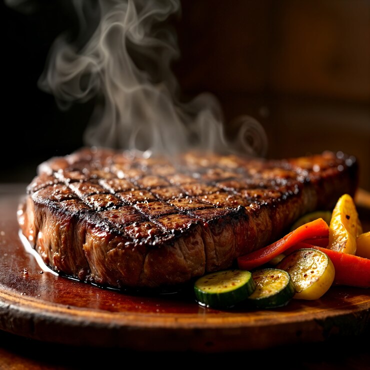 Free Photo grilled steak with vegetables on wooden board