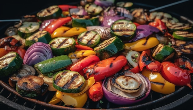 Бесплатное фото Овощи на гриле и мясо на шампурах на открытом воздухе, сгенерированные ии