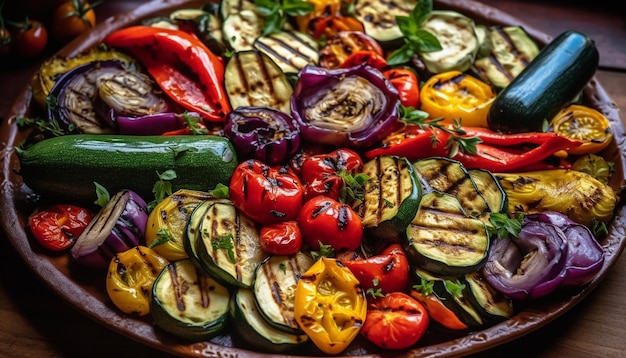 Бесплатное фото Вегетарианская тарелка на гриле со свежими органическими летними овощами и тыквой, созданная искусственным интеллектом