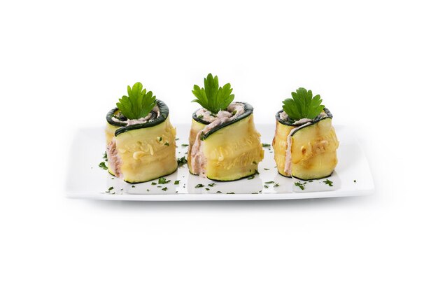 Grilled zucchini rolls stuffed with cream cheese and tuna