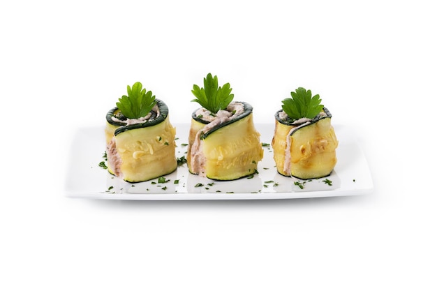Grilled zucchini rolls stuffed with cream cheese and tuna