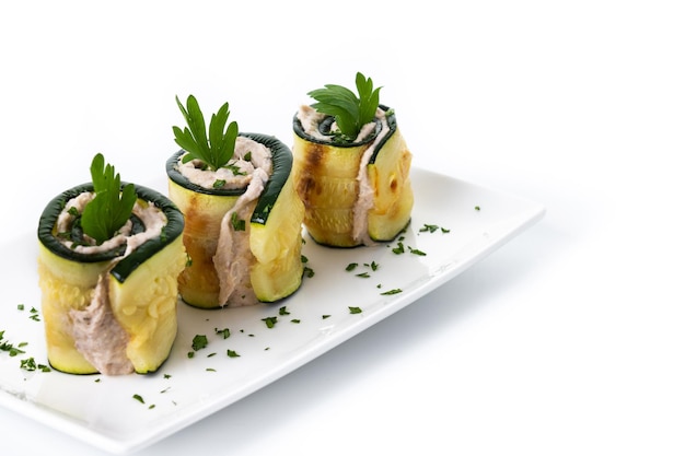 Grilled zucchini rolls stuffed with cream cheese and tuna
