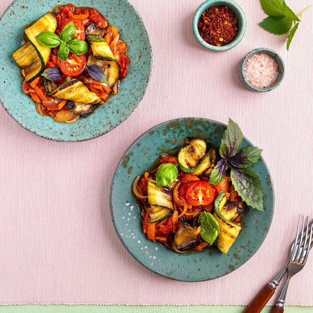 Grilled zucchini with vegetables in tomato sauce the concept of vegetarian food