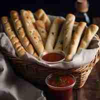 Free photo grissini breadsticks with tomato sauce in a wicker basket