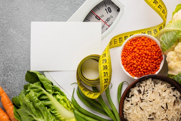 Groceries on scale with mock-up note