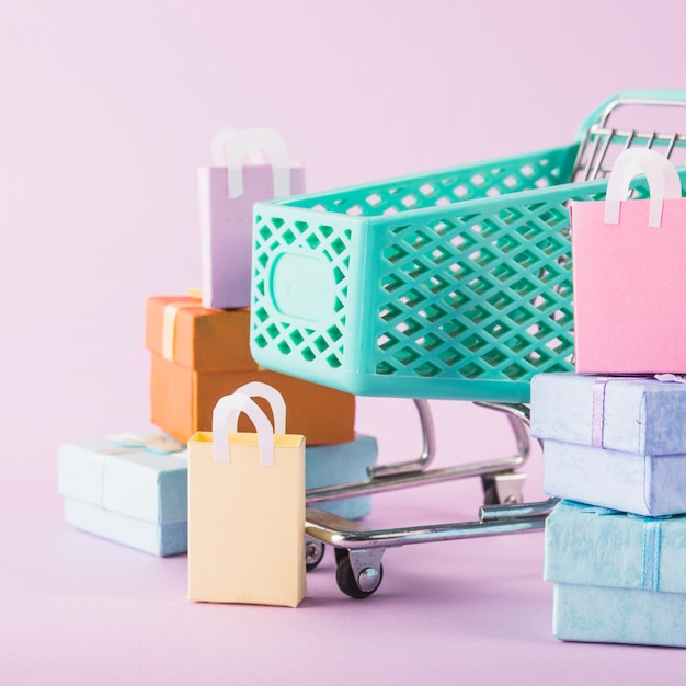 Grocery cart with colourful gift boxes