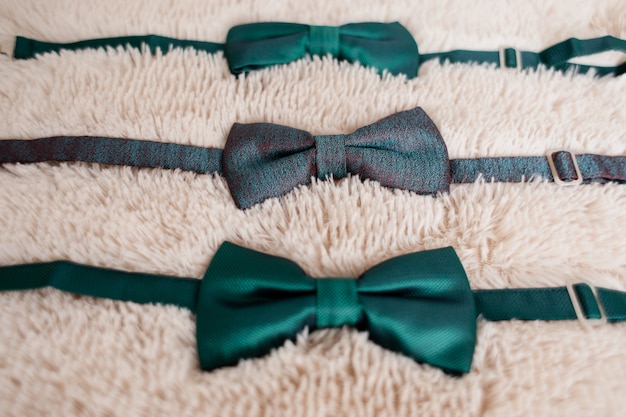 Бесплатное фото Жених и лучшие мужские зеленые галстуки на белом ковре