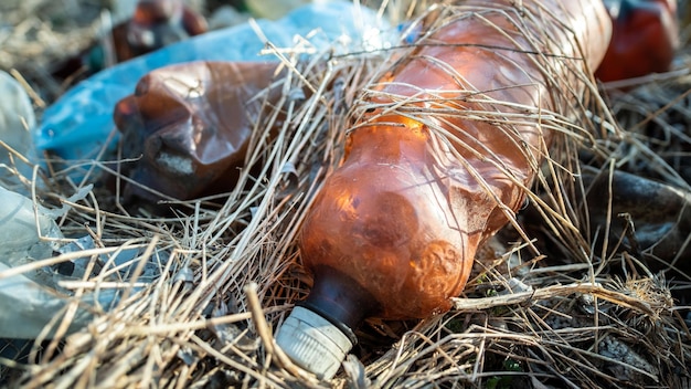 Ground littered with plastic bottles