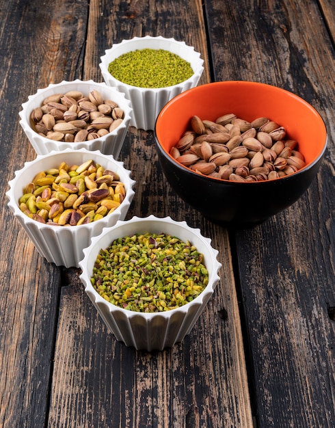 Ground, milled, crushed or granulated pistachios in a bowls
